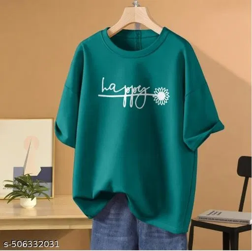 Cotton Blend Printed T-shirt for Women, Green (XL)