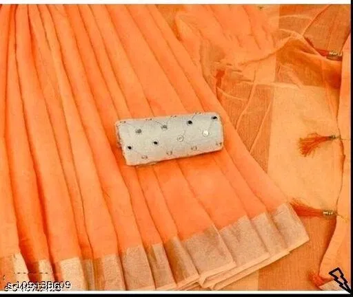 Linen Blend Saree for Women (Orange)