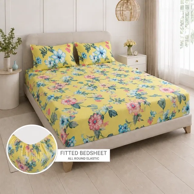 Simple Home 120TC Floral Fitted Bedsheet 72x78inch Yellow