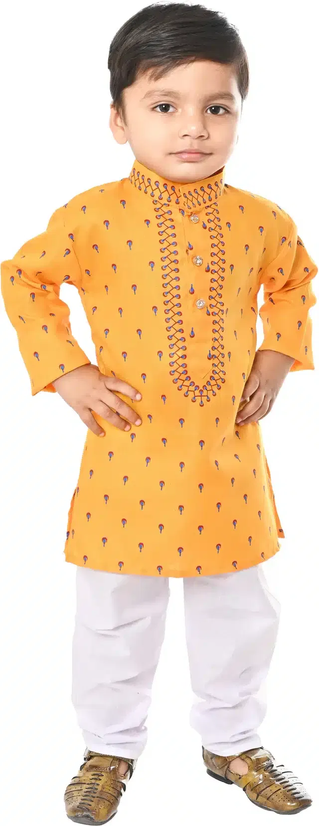 Cotton Printed Kurta & Pajama Set for Boys (Yellow & White, 2-3 Years)