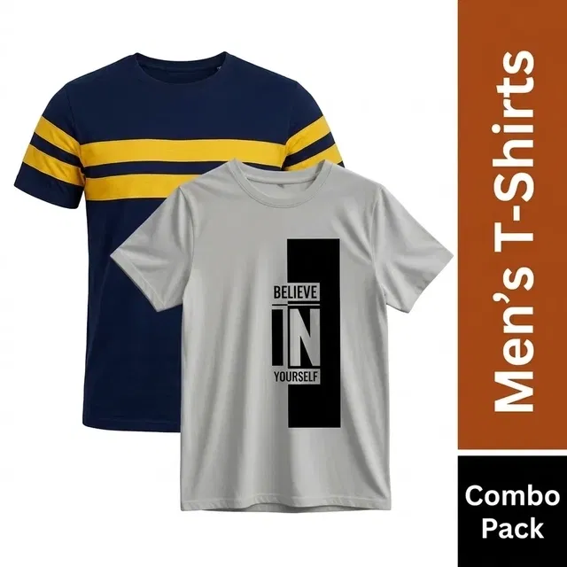 Round Neck Printed T-Shirt for Men, Combo Pack of 2, Grey & Blue, M