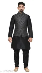 Cotton Blend Solid Kurta with Pyjama & Jacket for Men 