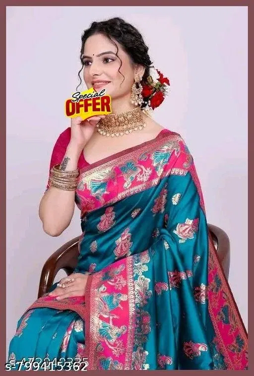 Kanjeevaram Saree for Women (Blue, Free Size)