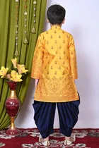 Dupion Silk Printed Kurta with Dhoti for Boys, Yellow & Navy Blue 