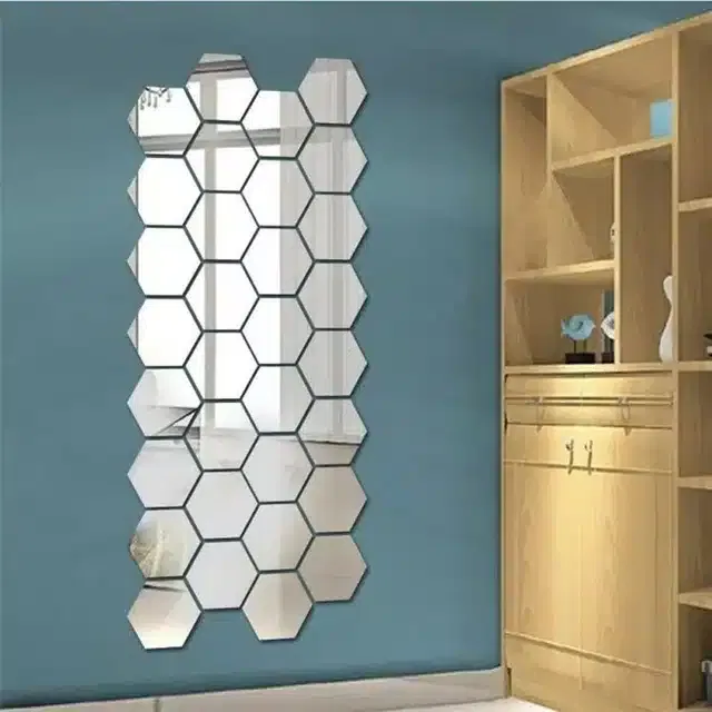 Acrylic Hexagon Shaped Wall Mirror Stickers (Silver, Pack of 32)