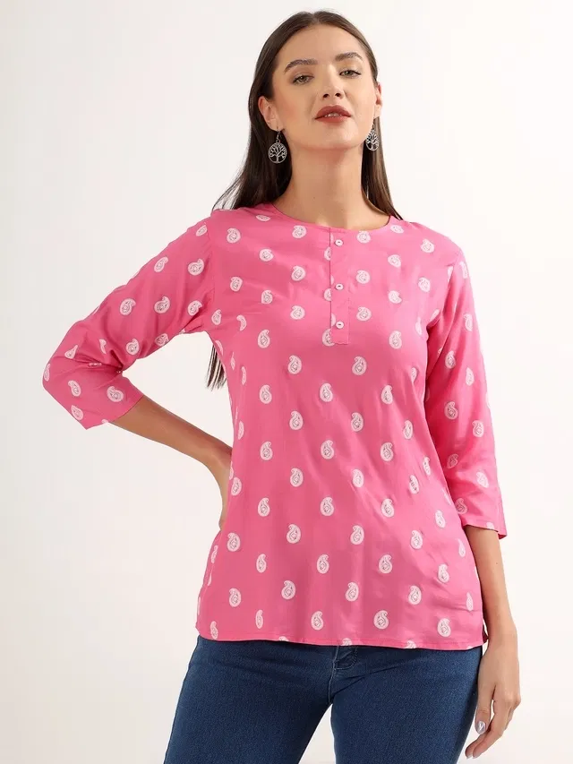 Ethnic Motif Printed Rayon Short Kurti (Pink M)