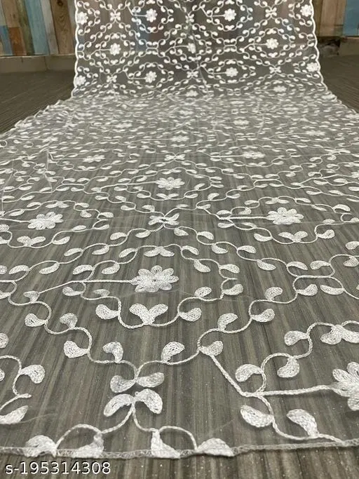 Ethnic Motif Aari Work Embroidered Net Dupatta for Women (White, Free Size)
