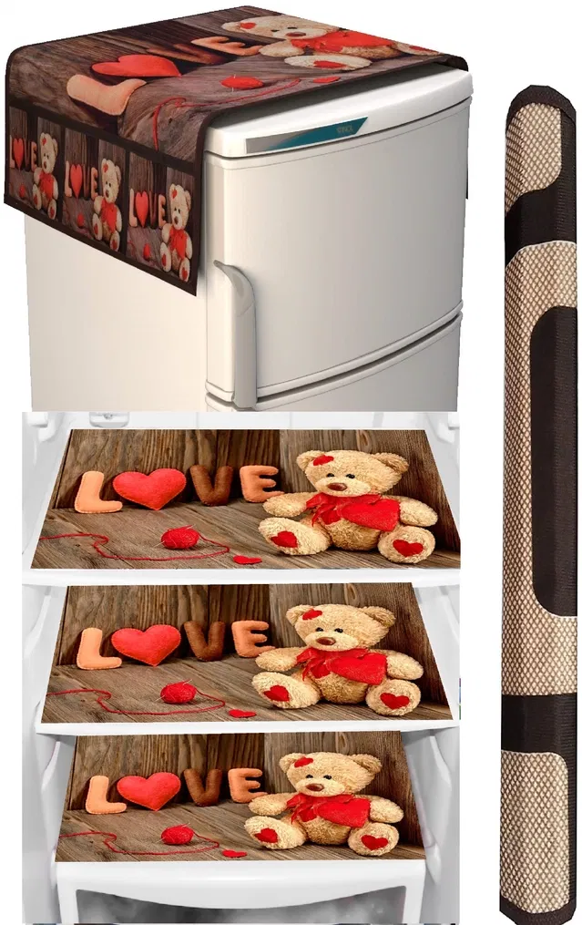 PVC Fridge Top Cover with 6 Utility Pockets & Handle Cover with 3 Pcs Shelf Mats (Multicolor, Set of 1)