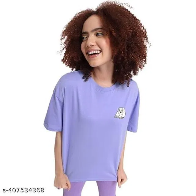 Cotton Round Neck Printed T-Shirt for Women (Lavender, XL)