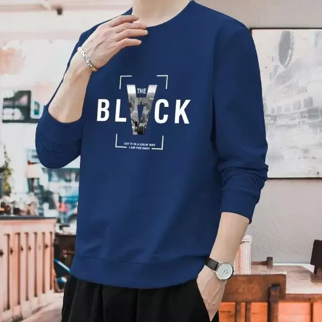 Cotton Blend Round Neck T-Shirt for Men (Navy Blue, M)