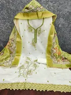 Cotton Silk Embellished Unstitched Suits Fabric for Women, White & Green