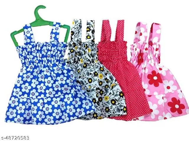 Cotton Frocks for Girls (Multicolor, 3-6 Months) (Pack of 4)