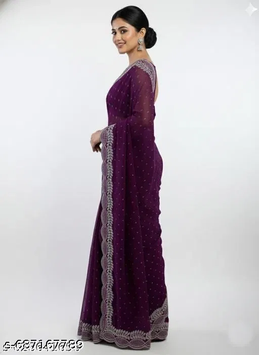 Georgette Embellished Saree For Women, Purple