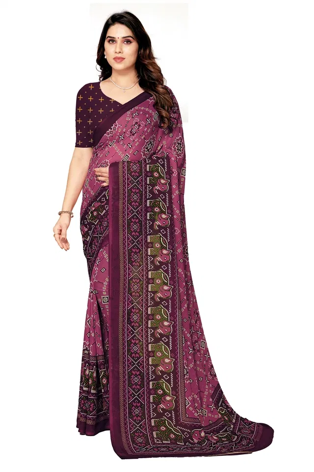 Georgette Printed Saree for Women (Wine, 6.3 m)