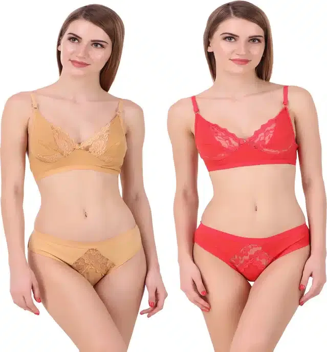 Cotton Blend Lingerie Set for Women (Beige & Red, 30) (Set of 2)