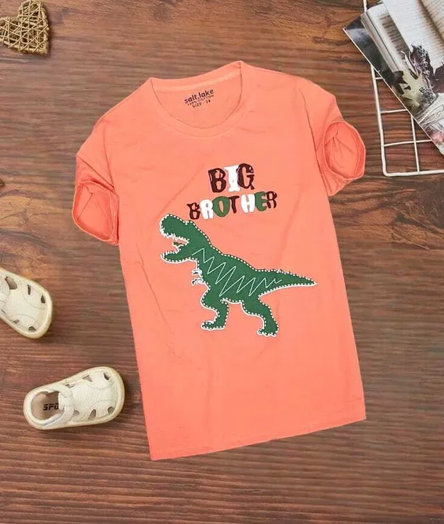 Cotton Printed Round Neck T-Shirt for Kids (Coral, 3-4 Years)
