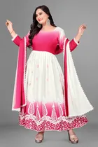 Jute Silk Ethnic Motif Gown with Dupatta for Women (Pink & White, S)