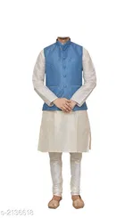 Banarasi Dupion Silk Solid Kurta with Pyjama & Jacket for Men 
