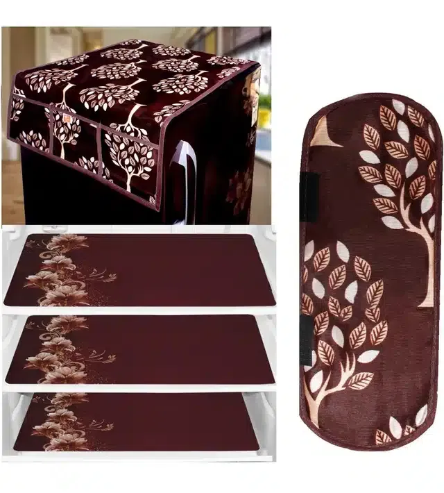 Knit Printed Fridge 3 Pcs Mat with Top & Handle Cover (Brown, Set of 1)