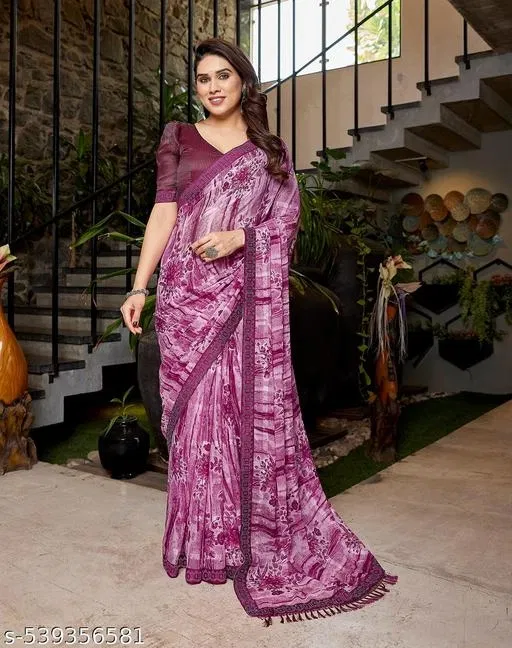 Georgette Printed Saree for Women, Purple (6.3 m)