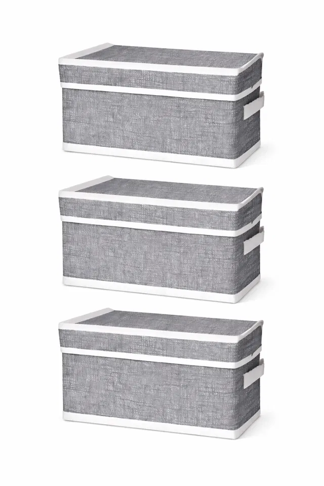 Craft Bazar Multipurpose Foldable Fabric Storage Box with Lid & Handles for Clothes, Laundry, Towels Wardrobe and Home Storage Organizer Pack of 3