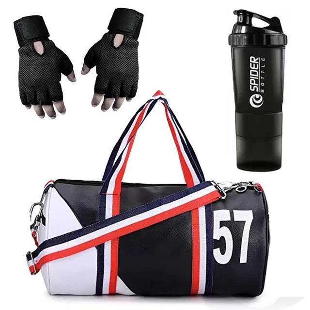 Polyester Printed Gym Bag with Gloves & Shaker Bottle (500 ml) for Men & Women (Multicolor, Set of 1)