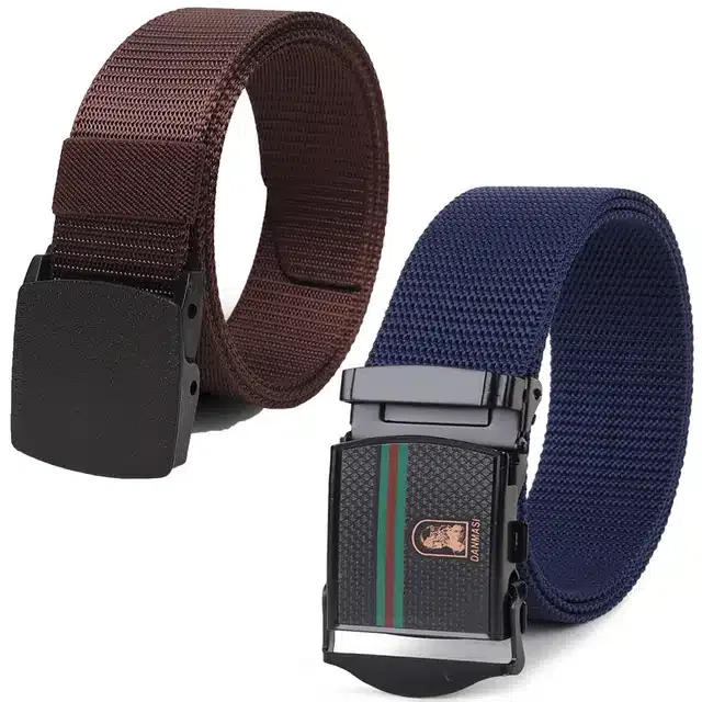 Casual Nylon Belts for Men (Black & Blue, Pack of 2)
