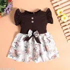 Crepe Printed Frock for Girls (Brown & White, 0-3 Months)