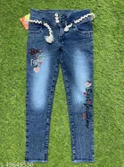 Denim Embroidered Jeans for Girls (Blue, 4-5 Years)