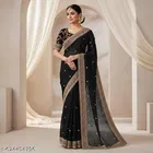 Georgette Embroidered Saree For Women, Black
