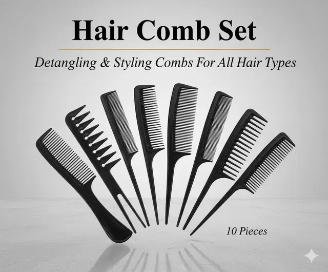 Premium Hair Comb Set - Detangling & Styling Combs For All Hair Types, 10 Pieces