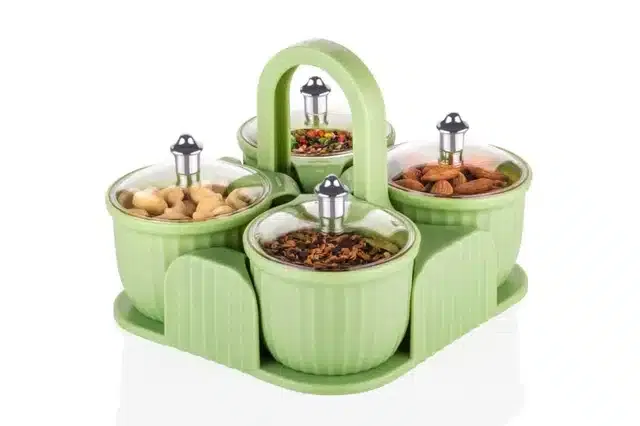 Plastic Airtight 4 Pcs Jar with Tray (Green, Set of 1)