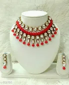 Trendy Alloy & Kundan Beads Necklace Set for Women, Red