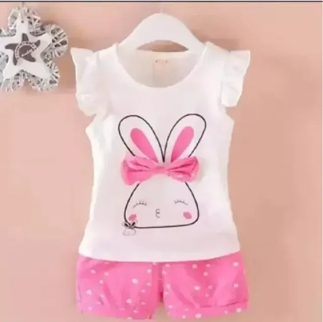 Printed Round Neck Clothing Set for Girls (White & Pink, Size 18-24 Months)