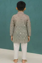 Cotton Blend Printed Kurta with Payjama for Boys, Brown & White 