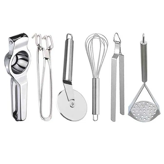 Stainless Steel Lemon Squeezer & Pakkad & Pizza Cutter & Egg Whisk & Roti Chimta & Potato Masher For Kitchen (Set of 6) (OC-057)