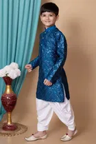Dupion Silk Embellished Kurta with Dhoti for Boys, Blue & White 