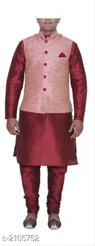 Banarasi Dupion Silk Solid Kurta with Pyjama & Jacket for Men 