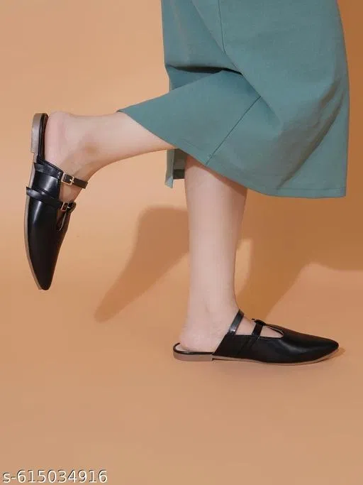 Solid Synthetic Ballerinas for Women (Black, IND-5)