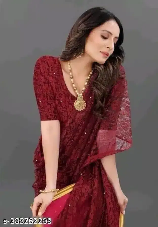 Net Saree for Women (Maroon, 6.3 m)