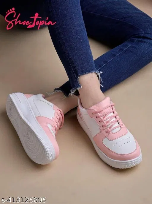 Solid Synthetic Sneakers for Women (Pink, IND-8)
