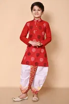 Cotton Printed Kurta with Dhoti for Boys, Red & White 
