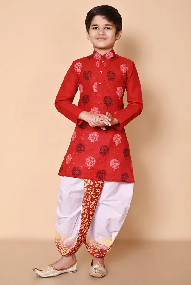 Cotton Printed Kurta with Dhoti for Boys, Red & White (4-5 Years)