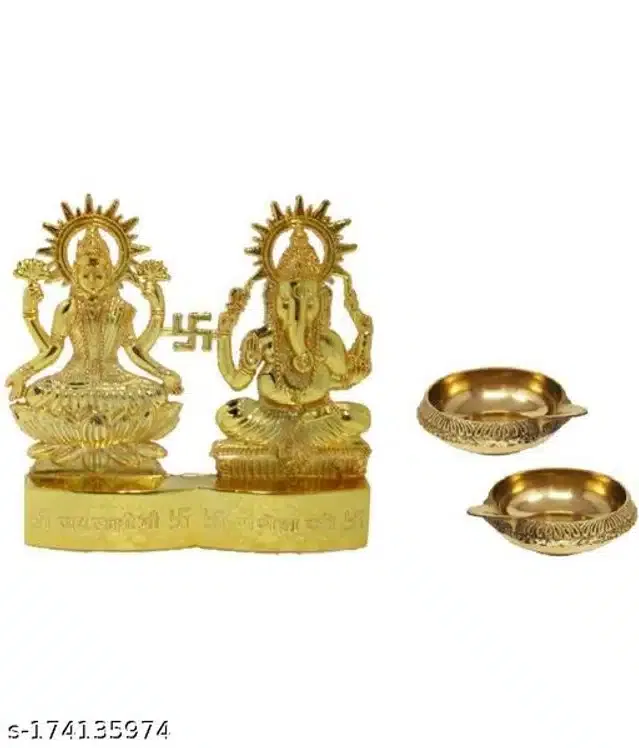 Metal Laxmi & Ganesh ji Idol with 2 Pcs Diya (Golden, Set of 2)