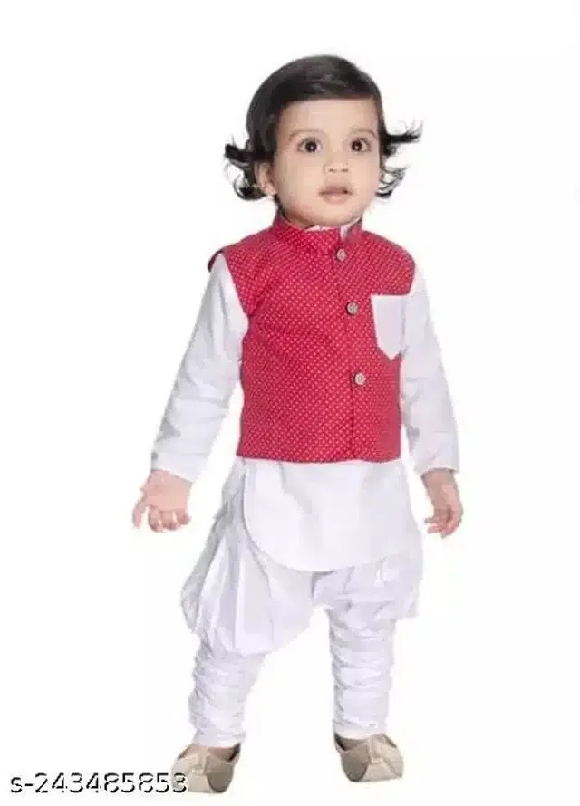 Cotton Full Sleeves Jacket with Kurta & Pyjama Clothing Set for Boys (Maroon & White, 9-12 Months)