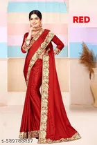 Georgette Solid Saree For Women, Red