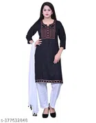Rayon Embroidered Kurta with Pant & Dupatta for Women (Black & White, M)
