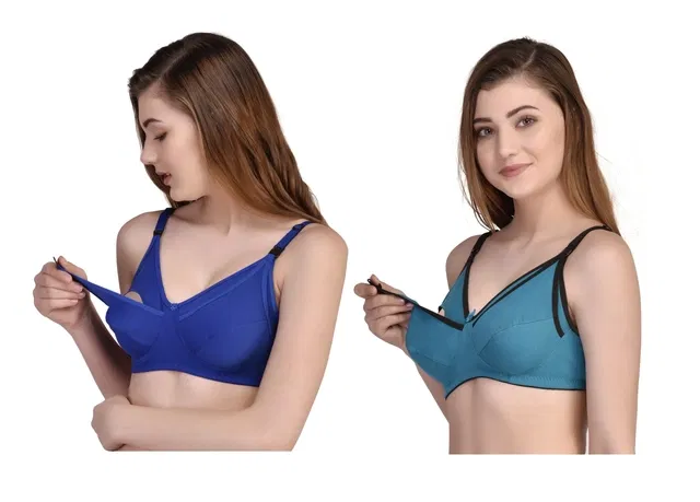 Cotton Blend Solid Non Padded Feeding Bras for Women (Multicolor, 32) (Pack of 2)