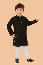 Cotton Blend Solid Kurta with Payjama for Boys, Black & White 