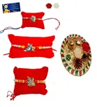 Combo of 3 Pcs Rakhi, 4.5 inch Plate, Greeting Card & Roli Chawal 
